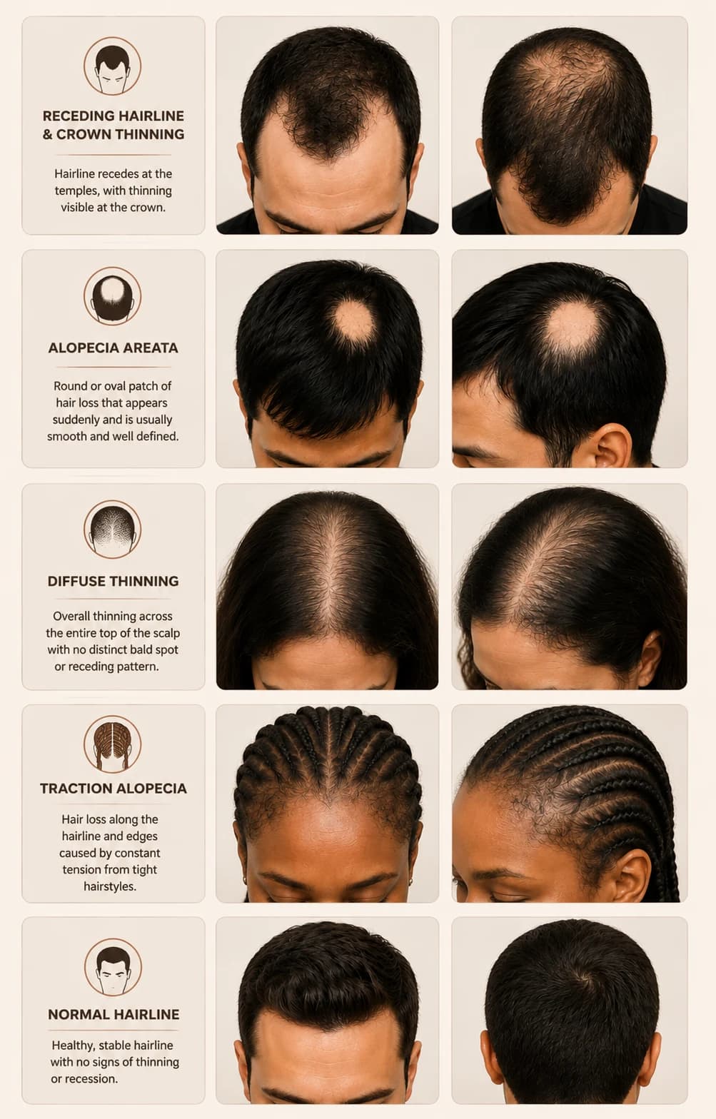 Five common hair loss patterns compared side by side