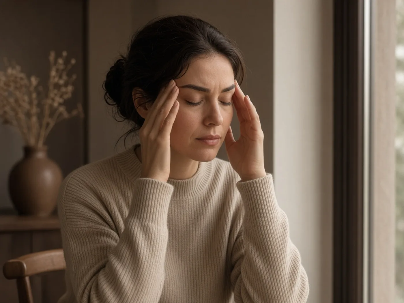 Woman pressing her temples under stress — physical or emotional stress as a trigger for hair shedding