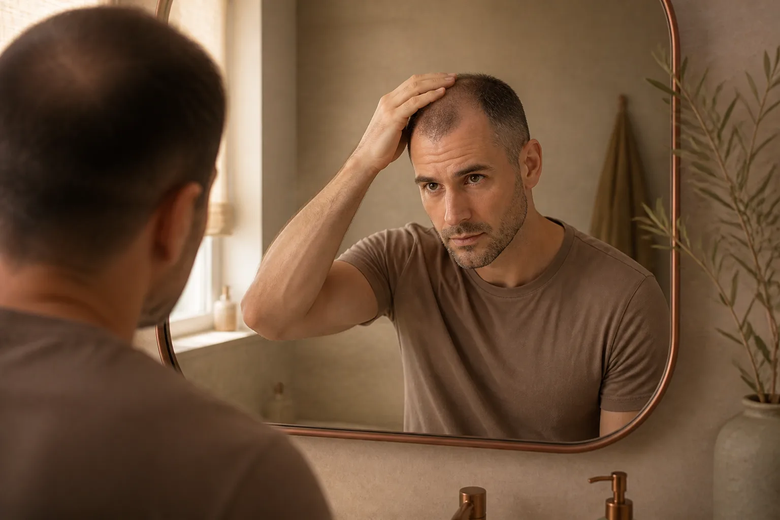 Man checking a receding hairline in the mirror before SMP Antwerpen
