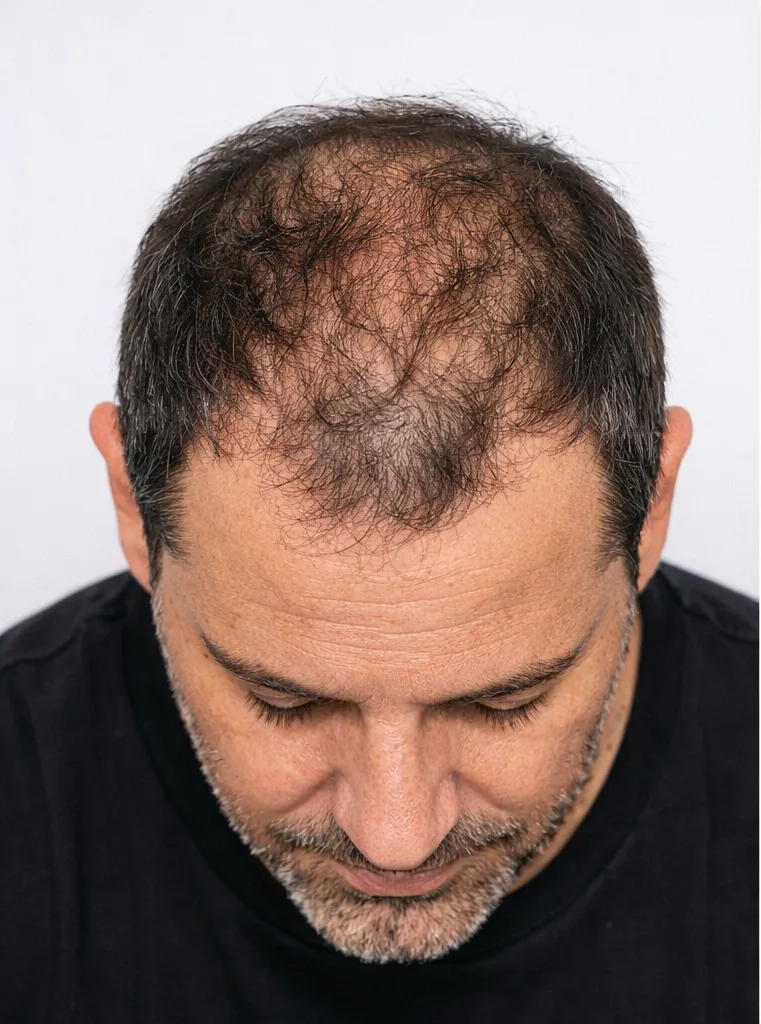 Before shaved-look SMP — patchy bald scalp