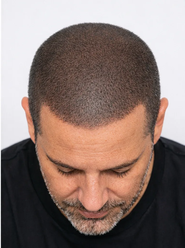 After shaved-look scalp micropigmentation — even follicle coverage